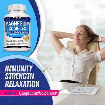 Magnesium Complex Supplement 8 Elemental 1000mg- Magnesium Glycinate, Citrate, Malate, Taurate, Chelated For Easy Absorption For Bones, Muscle, Recovery, Energy, Vegan Non-GMO 90 Capsules Vitamins Su