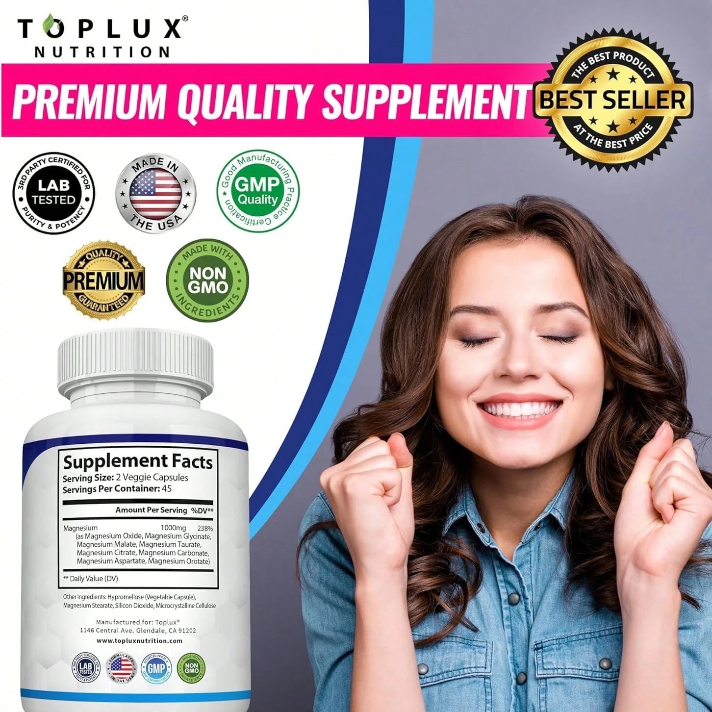 Magnesium Complex Supplement 8 Elemental 1000mg- Magnesium Glycinate, Citrate, Malate, Taurate, Chelated For Easy Absorption For Bones, Muscle, Recovery, Energy, Vegan Non-GMO 90 Capsules Vitamins Su