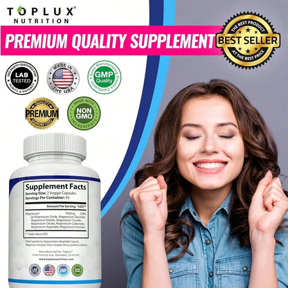 Magnesium Complex Supplement 8 Elemental 1000mg- Magnesium Glycinate, Citrate, Malate, Taurate, Chelated For Easy Absorption For Bones, Muscle, Recovery, Energy, Vegan Non-GMO 90 Capsules Vitamins Su