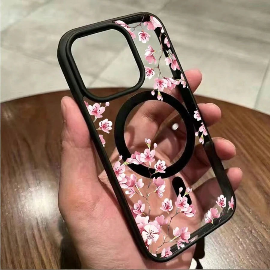Magnetic Flower 17/16/15/14/13/12 Pro Max Phone Case, Magnetic Charging Protective Cover, Transparent Minimalist Elegant Anti-Drop