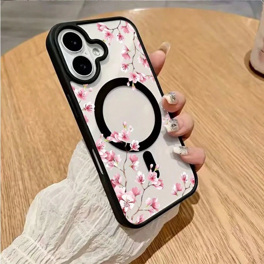 Magnetic Flower 17/16/15/14/13/12 Pro Max Phone Case, Magnetic Charging Protective Cover, Transparent Minimalist Elegant Anti-Drop