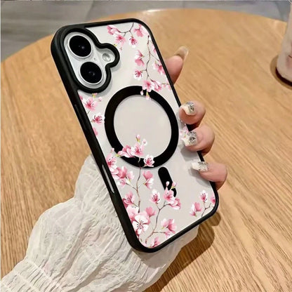 Magnetic Flower 17/16/15/14/13/12 Pro Max Phone Case, Magnetic Charging Protective Cover, Transparent Minimalist Elegant Anti-Drop