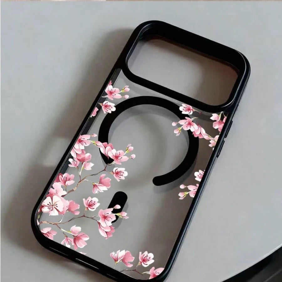 Magnetic Flower 17/16/15/14/13/12 Pro Max Phone Case, Magnetic Charging Protective Cover, Transparent Minimalist Elegant Anti-Drop