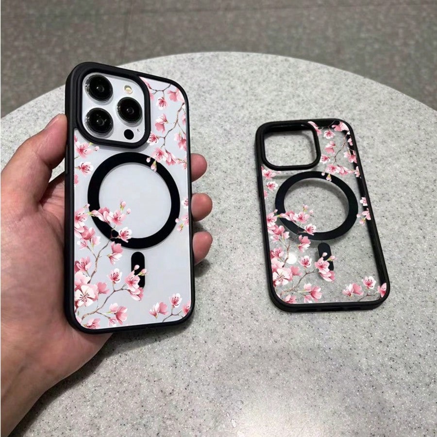 Magnetic Flower 17/16/15/14/13/12 Pro Max Phone Case, Magnetic Charging Protective Cover, Transparent Minimalist Elegant Anti-Drop