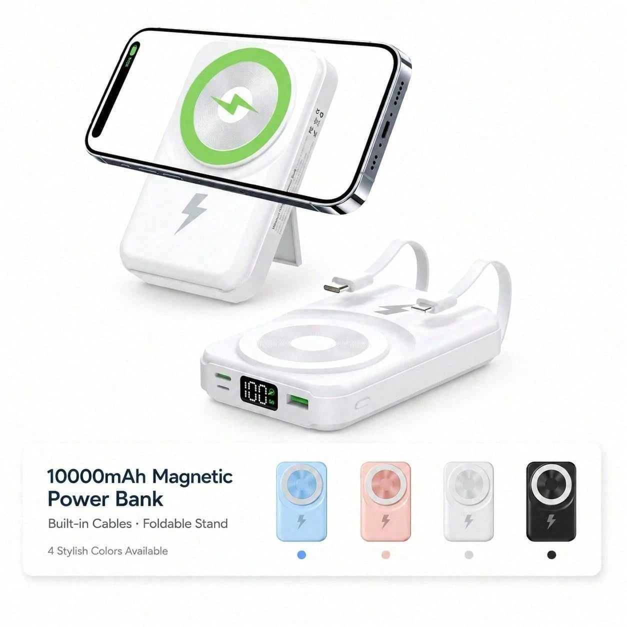 MagSafe Magnetic 10000mAh Portable Charger Power Bank, Foldable Stand Built-In Lightning & USB C Cables 22.5W Fast Charging, Travel Essentials Camping Gear Back To School Supplies School Essentials Fo