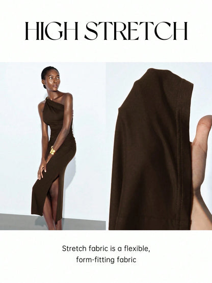 Maija Dark Brown Summer Sexy Elegant Date Party Rave Night Night Out Women's Backless Halter Flowy Midi Dress Beach Wedding Guest Country Concert Outfit