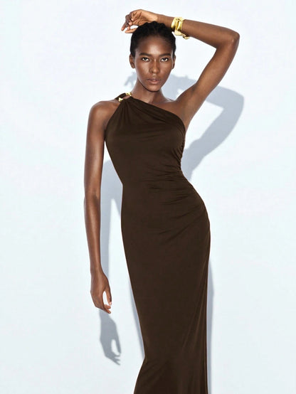 Maija Dark Brown Summer Sexy Elegant Date Party Rave Night Night Out Women's Backless Halter Flowy Midi Dress Beach Wedding Guest Country Concert Outfit