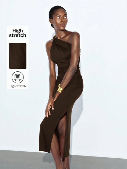 Maija Dark Brown Summer Sexy Elegant Date Party Rave Night Night Out Women's Backless Halter Flowy Midi Dress Beach Wedding Guest Country Concert Outfit