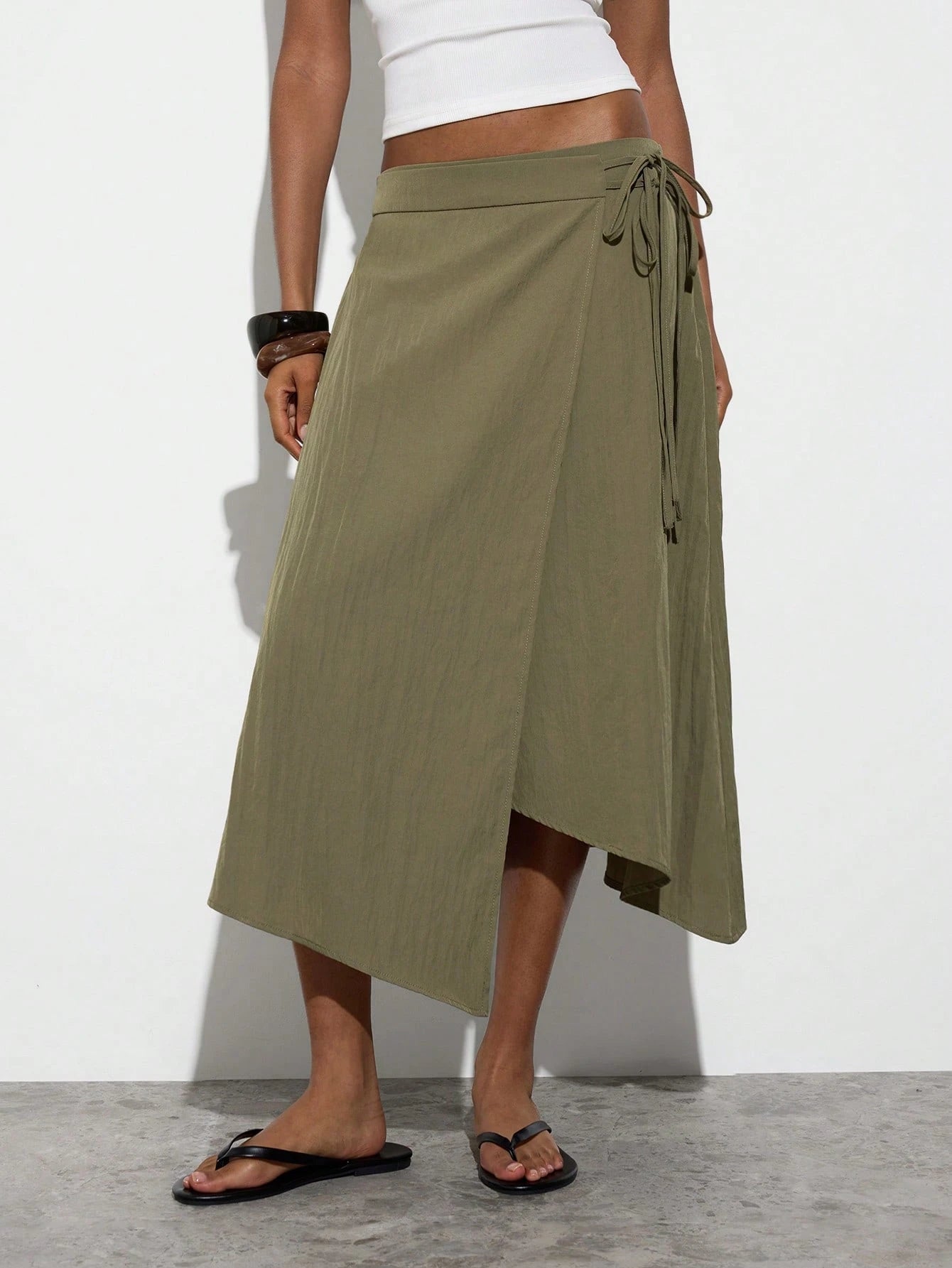 Maija Women's Autumn Casual Tie-Wrap Skirt, Festival Skirt, Olive Green Asymmetry Skirt,Going Out Beach Outfits,Back To School Clothes
