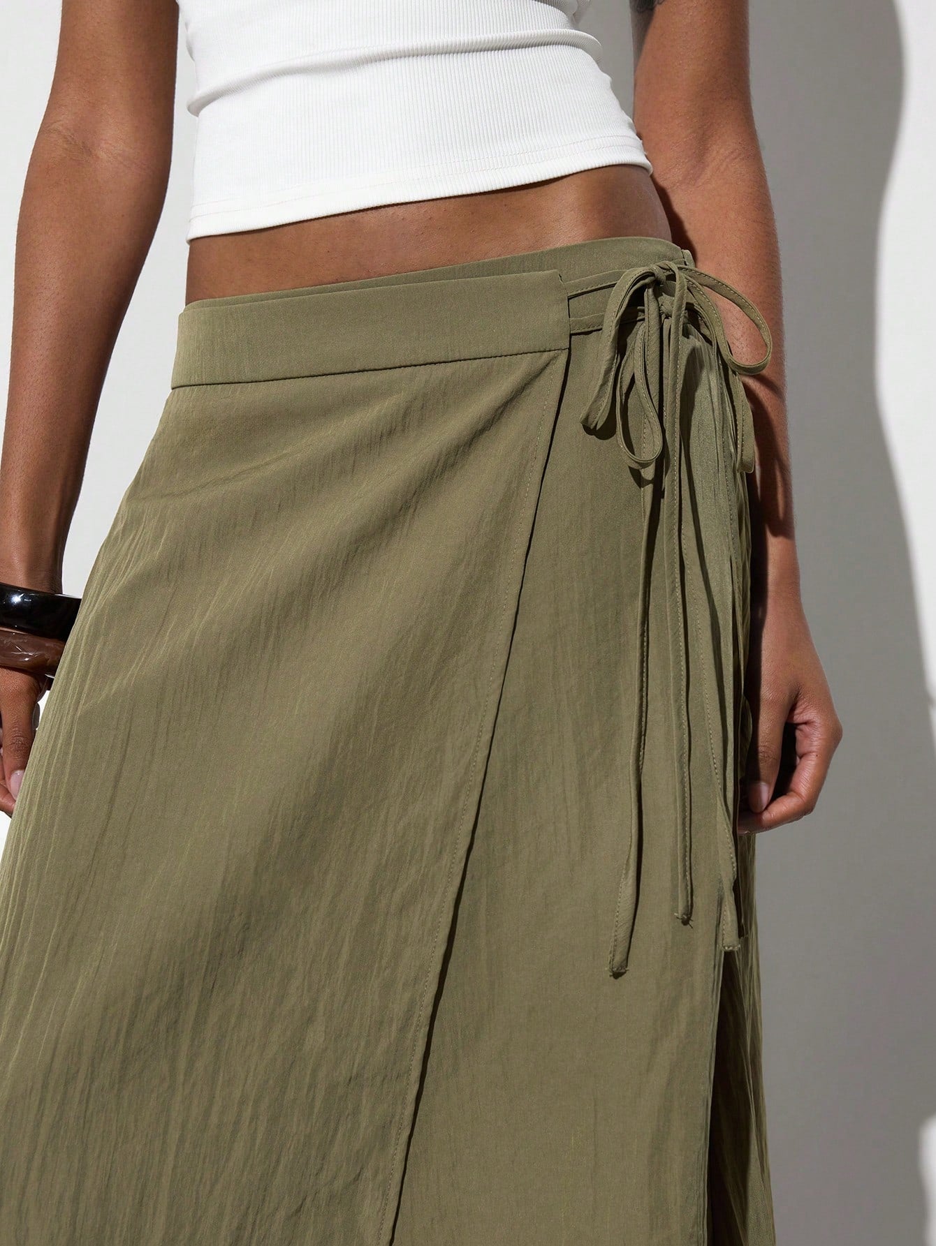 Maija Women's Autumn Casual Tie-Wrap Skirt, Festival Skirt, Olive Green Asymmetry Skirt,Going Out Beach Outfits,Back To School Clothes