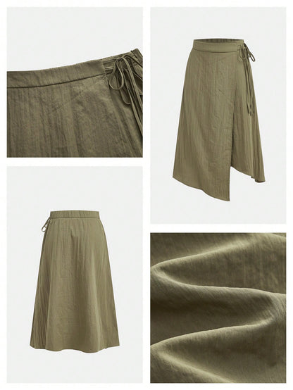 Maija Women's Autumn Casual Tie-Wrap Skirt, Festival Skirt, Olive Green Asymmetry Skirt,Going Out Beach Outfits,Back To School Clothes