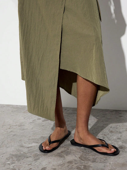 Maija Women's Autumn Casual Tie-Wrap Skirt, Festival Skirt, Olive Green Asymmetry Skirt,Going Out Beach Outfits,Back To School Clothes