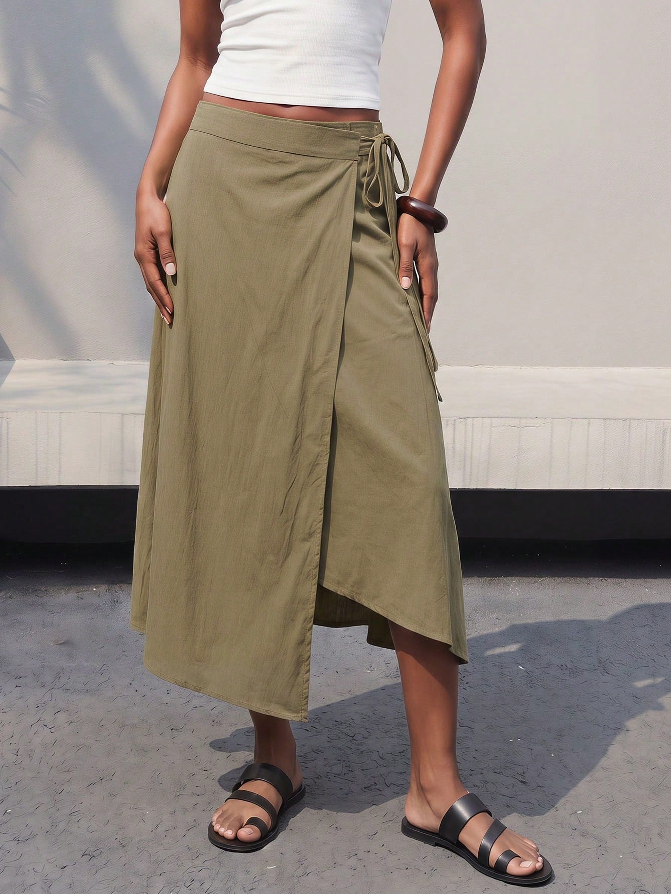 Maija Women's Autumn Casual Tie-Wrap Skirt, Festival Skirt, Olive Green Asymmetry Skirt,Going Out Beach Outfits,Back To School Clothes