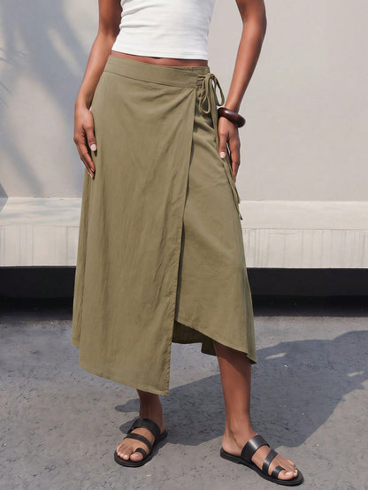 Maija Women's Autumn Casual Tie-Wrap Skirt, Festival Skirt, Olive Green Asymmetry Skirt,Going Out Beach Outfits,Back To School Clothes