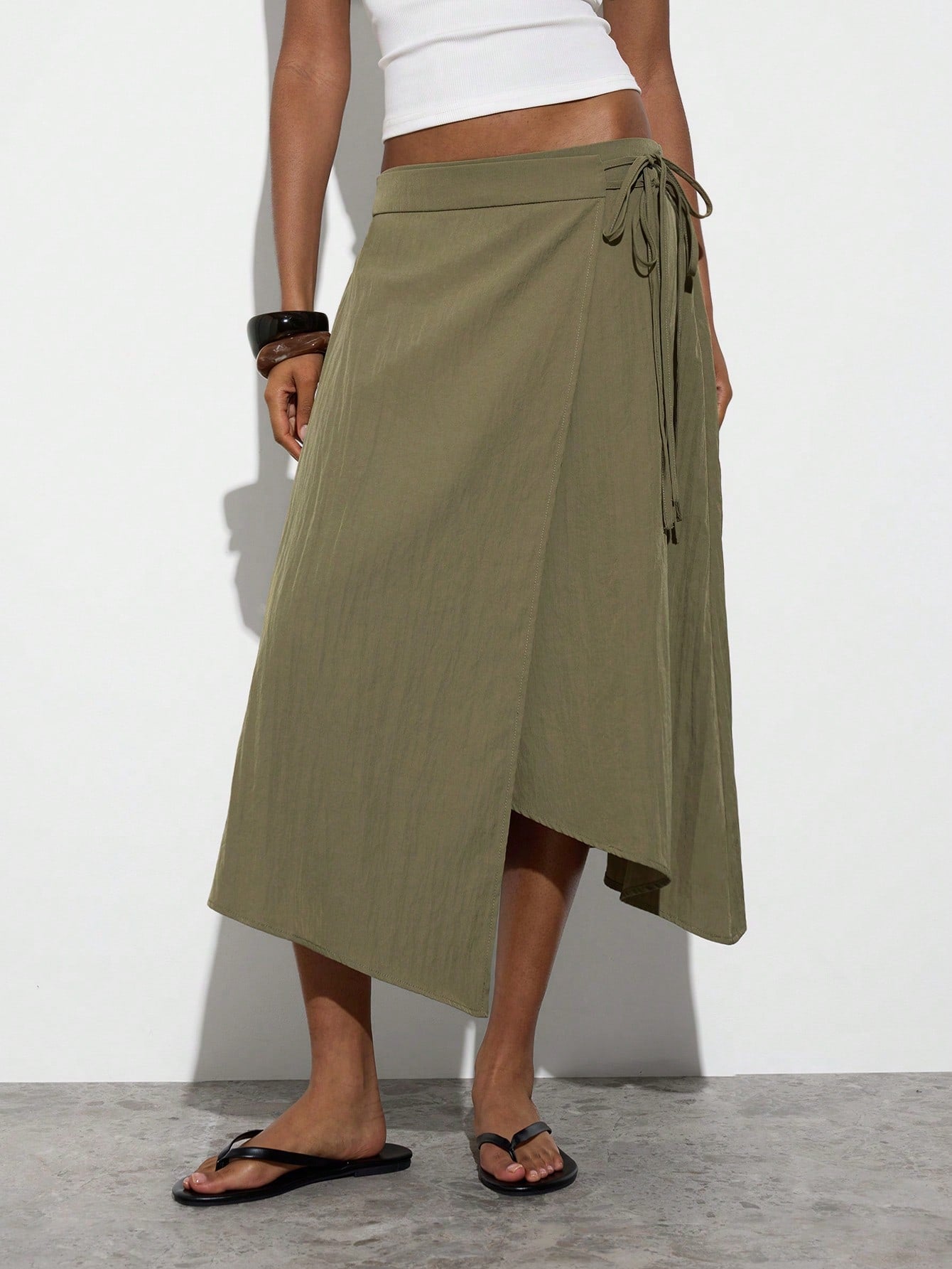 Maija Women's Autumn Casual Tie-Wrap Skirt, Festival Skirt, Olive Green Asymmetry Skirt,Going Out Beach Outfits,Back To School Clothes