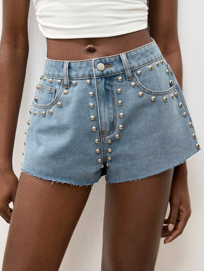 Maija Women's Casual Light Blue Denim Shorts, Studded Shorts Jorts