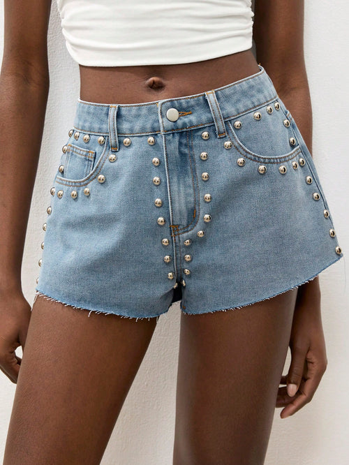 Maija Women's Casual Light Blue Denim Shorts, Studded Shorts Jorts
