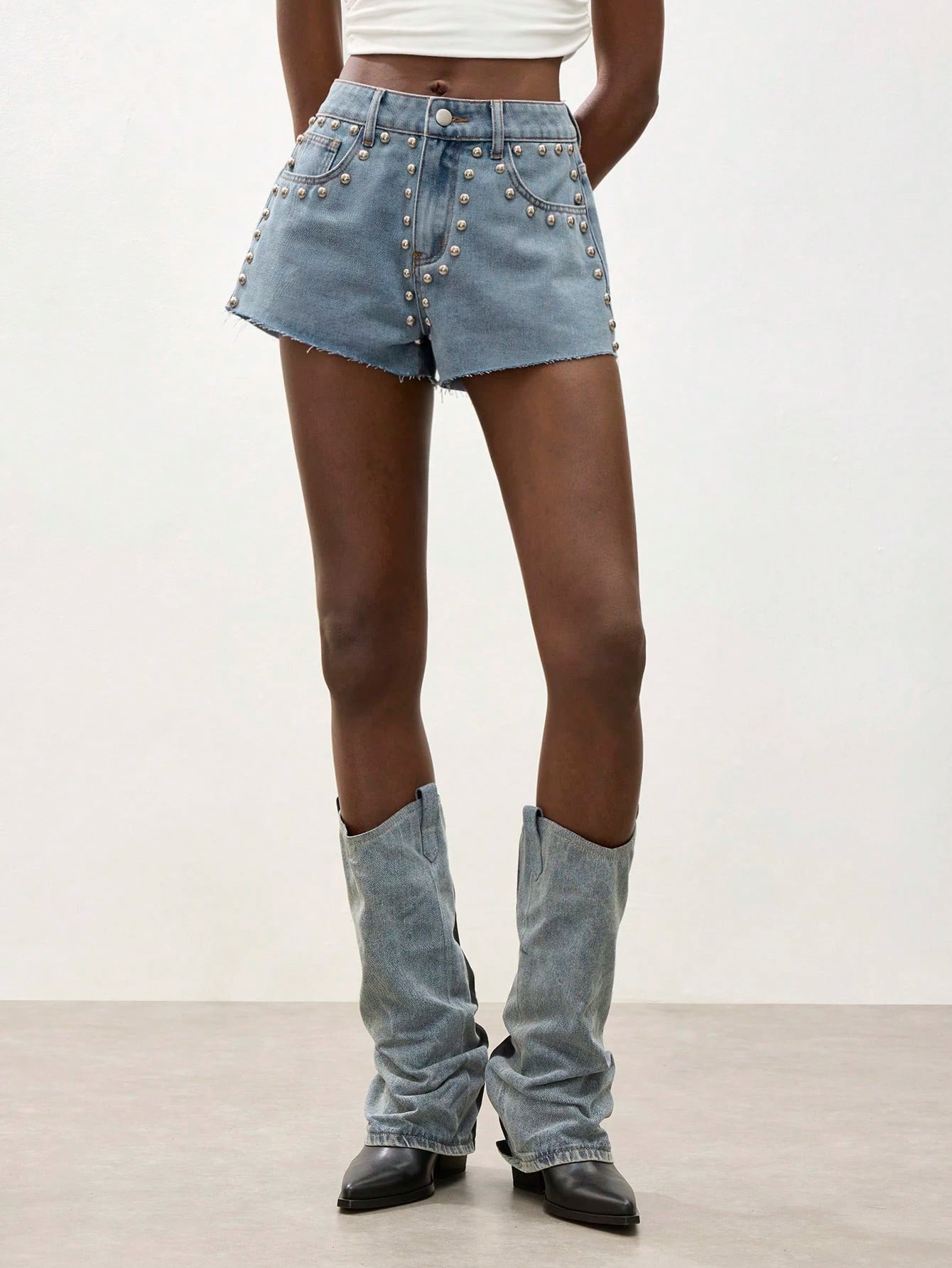 Maija Women's Casual Light Blue Denim Shorts, Studded Shorts Jorts