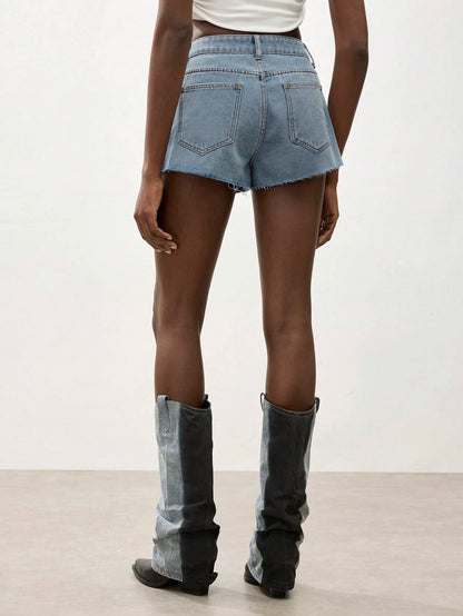 Maija Women's Casual Light Blue Denim Shorts, Studded Shorts Jorts