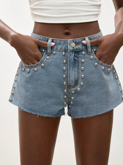 Maija Women's Casual Light Blue Denim Shorts, Studded Shorts Jorts
