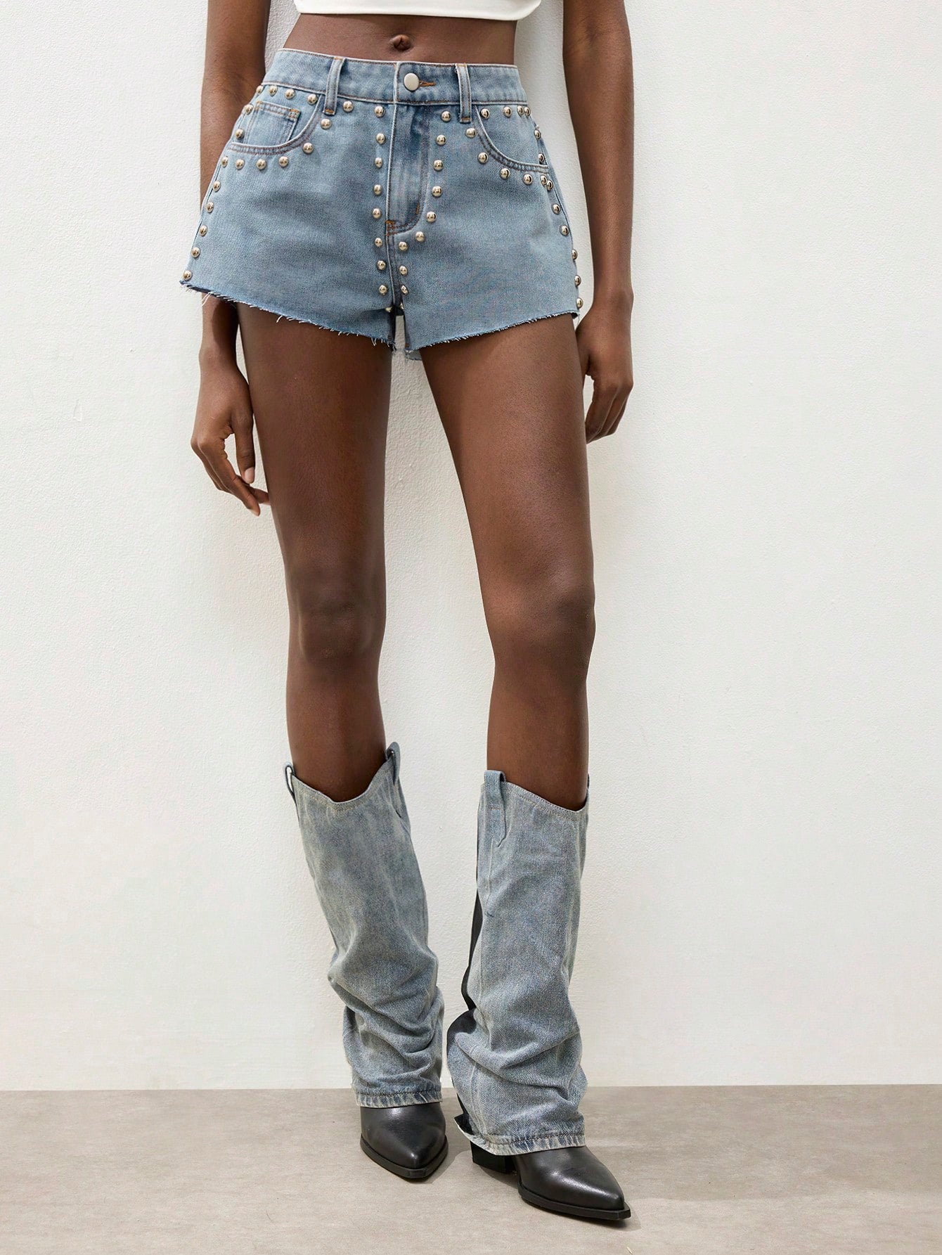 Maija Women's Casual Light Blue Denim Shorts, Studded Shorts Jorts