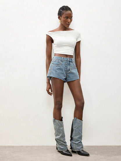 Maija Women's Casual Light Blue Denim Shorts, Studded Shorts Jorts