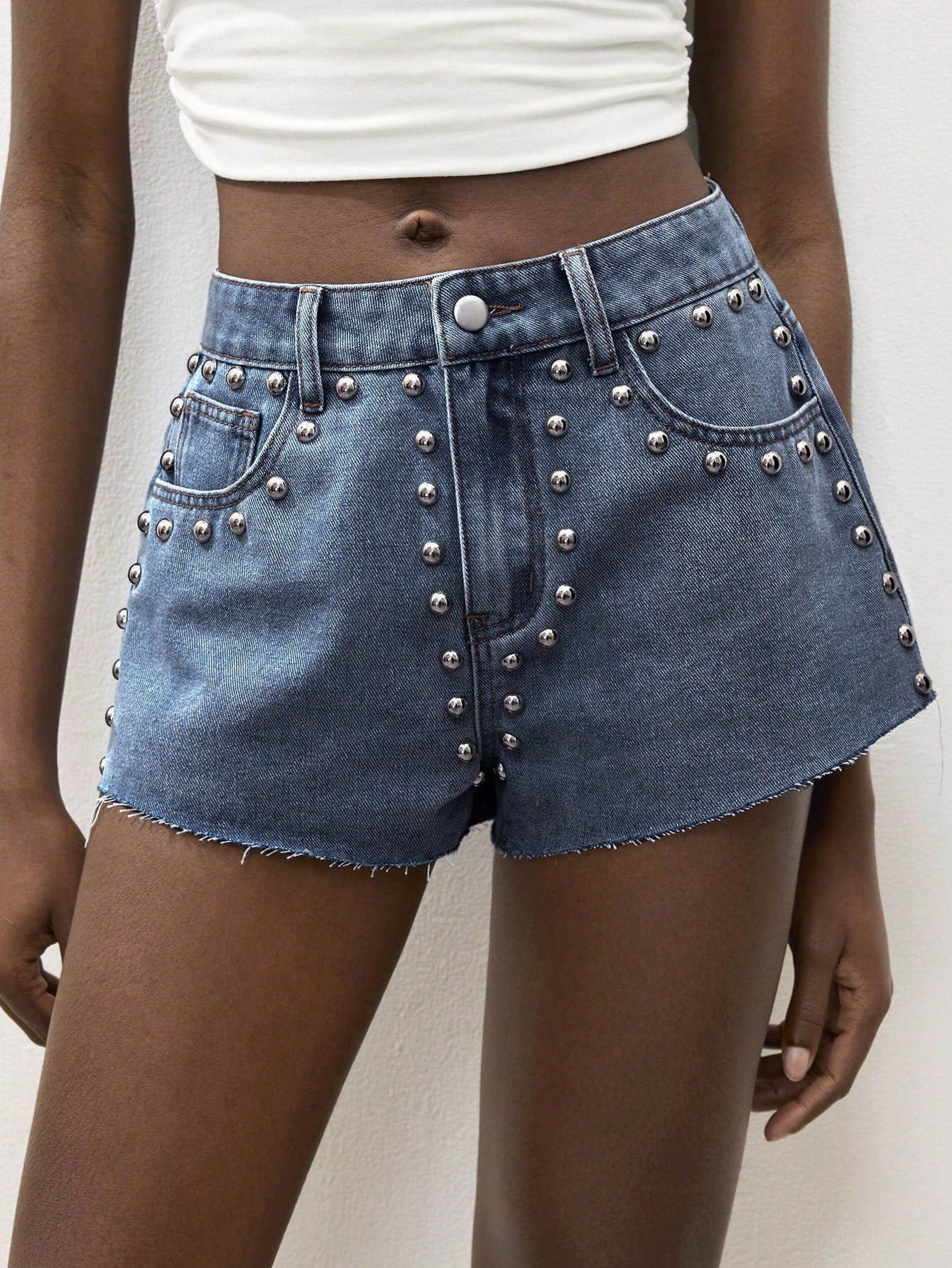 Maija Women's Casual Light Blue Denim Shorts, Studded Shorts Jorts