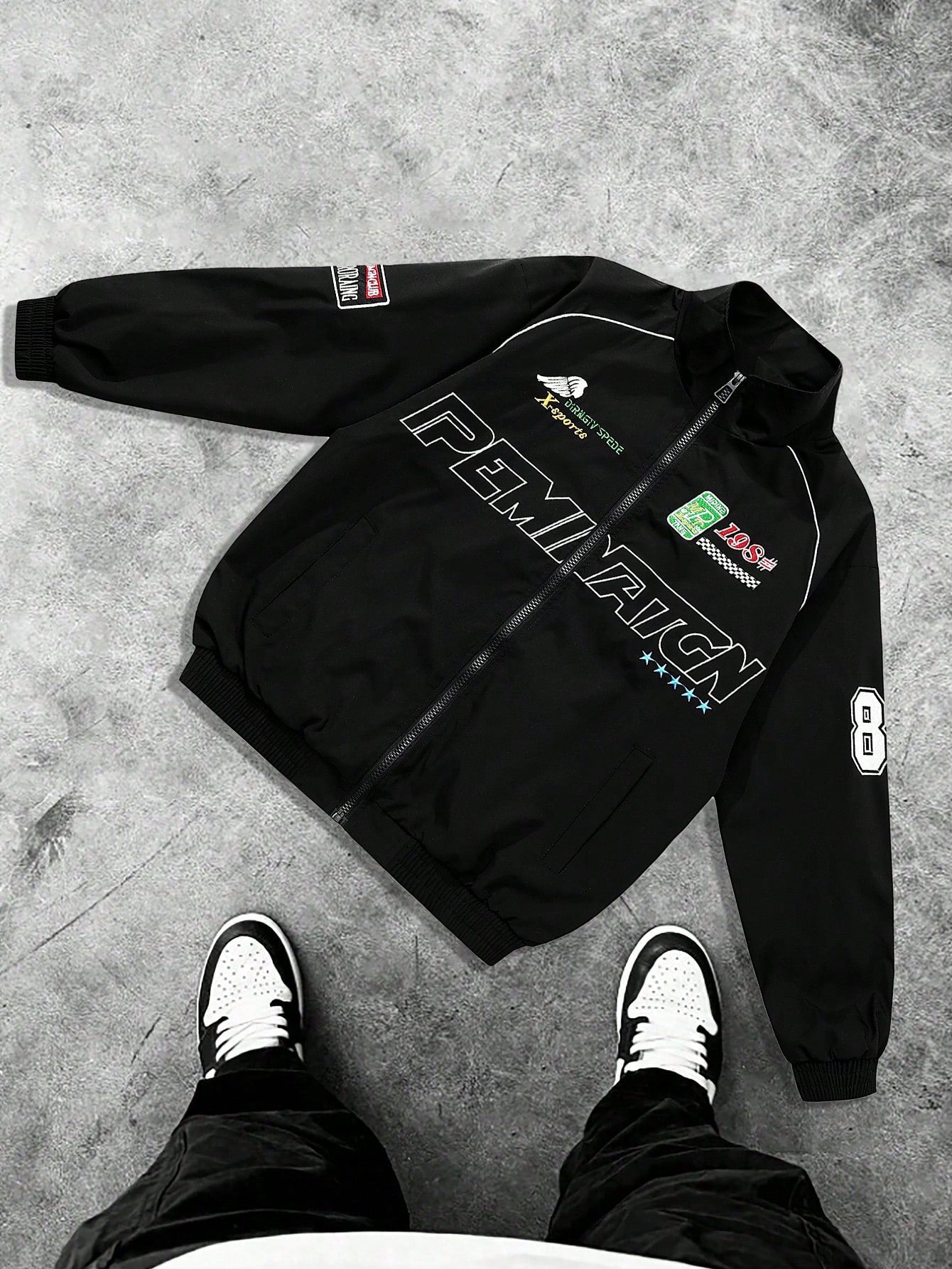 MAISONFOX Men's Casual Letter Print Long Sleeve Jacket, Spring/Autumn Streetwear Racing Jacket Motorcycle Jacket, Long Sleeve Designer Pilot Jacket