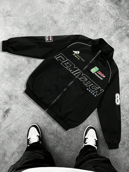 MAISONFOX Men's Casual Letter Print Long Sleeve Jacket, Spring/Autumn Streetwear Racing Jacket Motorcycle Jacket, Long Sleeve Designer Pilot Jacket