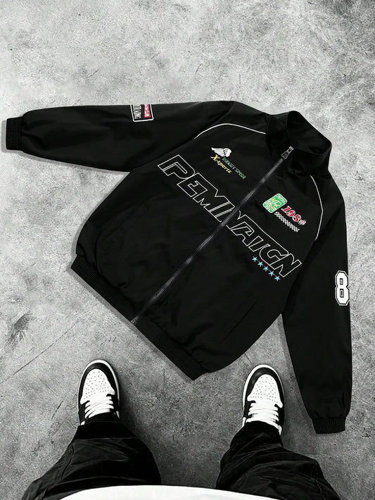 MAISONFOX Men's Casual Letter Print Long Sleeve Jacket, Spring/Autumn Streetwear Racing Jacket Motorcycle Jacket, Long Sleeve Designer Pilot Jacket