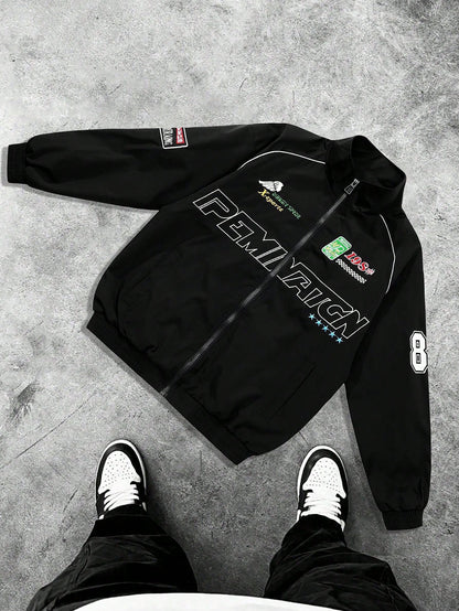 MAISONFOX Men's Casual Letter Print Long Sleeve Jacket, Spring/Autumn Streetwear Racing Jacket Motorcycle Jacket, Long Sleeve Designer Pilot Jacket