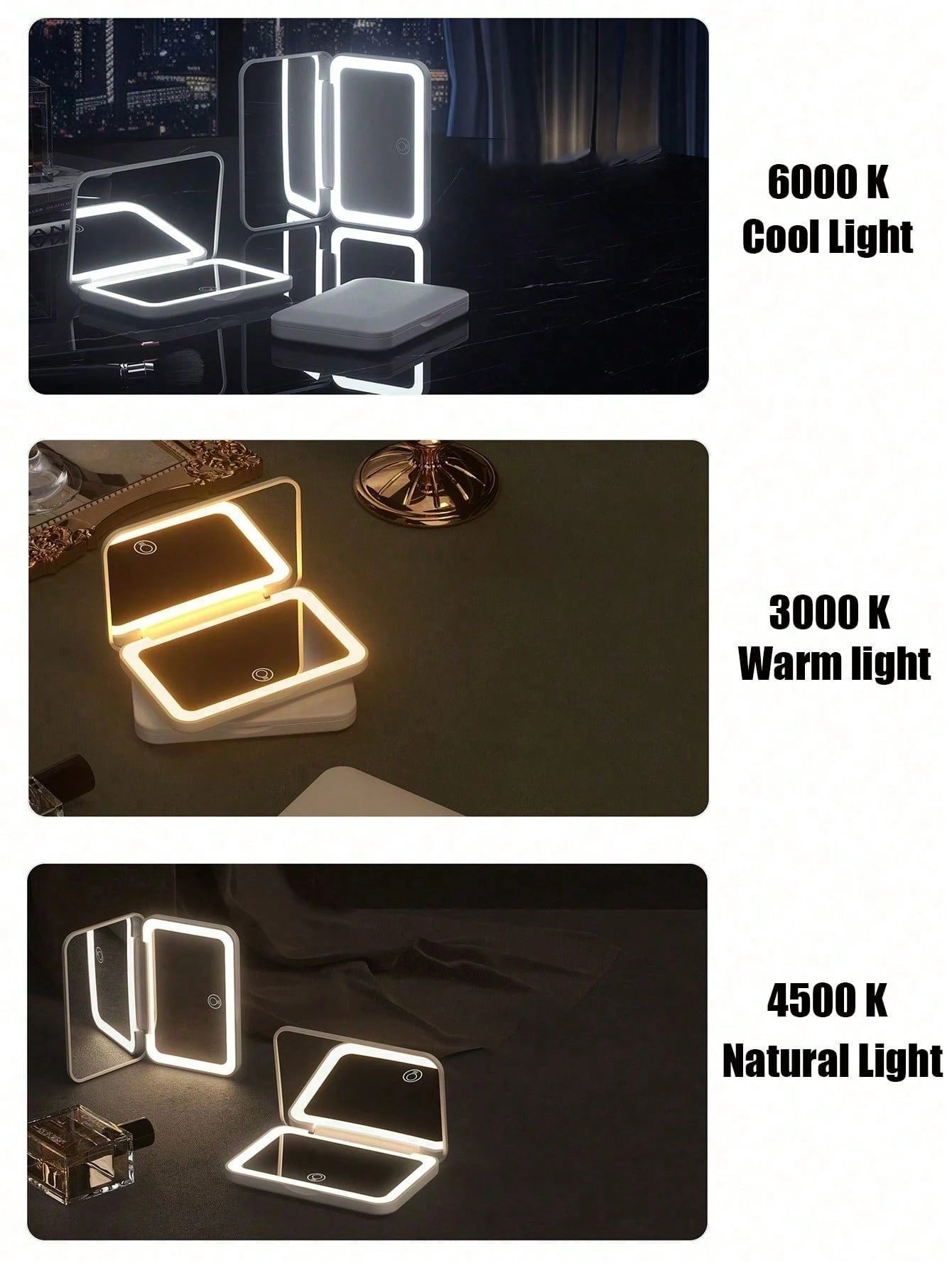 Makeup Mirror With LED Light And Touch Screen, 3 Lighting Modes, Portable Stand, Foldable For Storage, Vanity Mirror With Lights For Travel, Rechargeable Battery, 3-Color Adjustable Lighting, Travel M