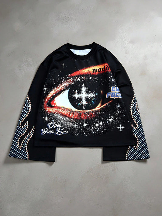 Manfinity EMRG Manfinity Streetrush Manfinity Streetrush Men Vintage Distressed Eye Graphic Oversized Bell Sleeve Sweatshirt, Black, Fall