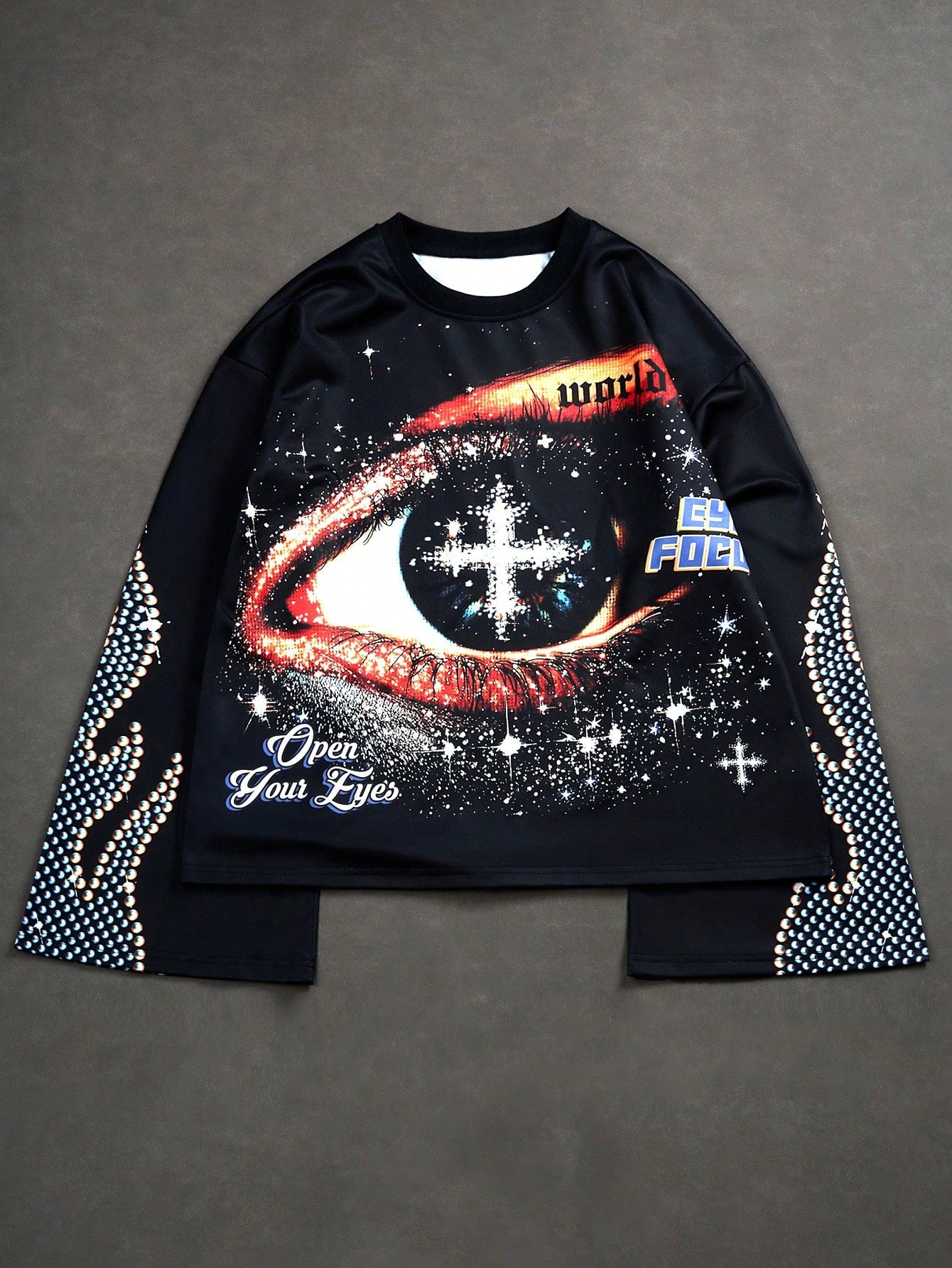 Manfinity EMRG Manfinity Streetrush Manfinity Streetrush Men Vintage Distressed Eye Graphic Oversized Bell Sleeve Sweatshirt, Black, Fall