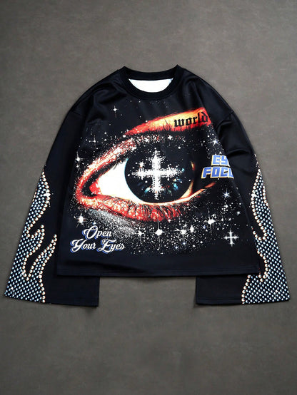 Manfinity EMRG Manfinity Streetrush Manfinity Streetrush Men Vintage Distressed Eye Graphic Oversized Bell Sleeve Sweatshirt, Black, Fall