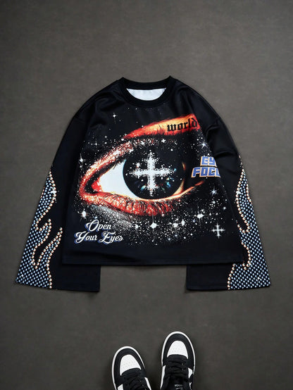 Manfinity EMRG Manfinity Streetrush Manfinity Streetrush Men Vintage Distressed Eye Graphic Oversized Bell Sleeve Sweatshirt, Black, Fall