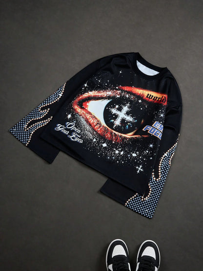 Manfinity EMRG Manfinity Streetrush Manfinity Streetrush Men Vintage Distressed Eye Graphic Oversized Bell Sleeve Sweatshirt, Black, Fall