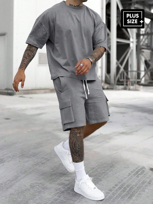 Manfinity Homme 2pcs/Set Plus Size Men Grey Summer Casual Oversized City Break Streetwear Drop Shoulder Loose Short Sleeve T-Shirt And Drawstring Waist Cargo Shorts