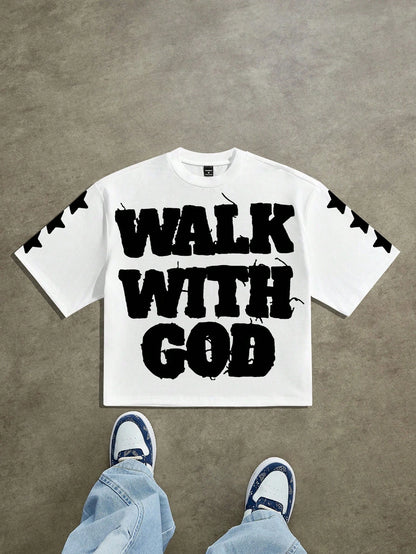 Manfinity Roghcode Men's Street Letter Print Short Sleeve Cropped Loose T-Shirt