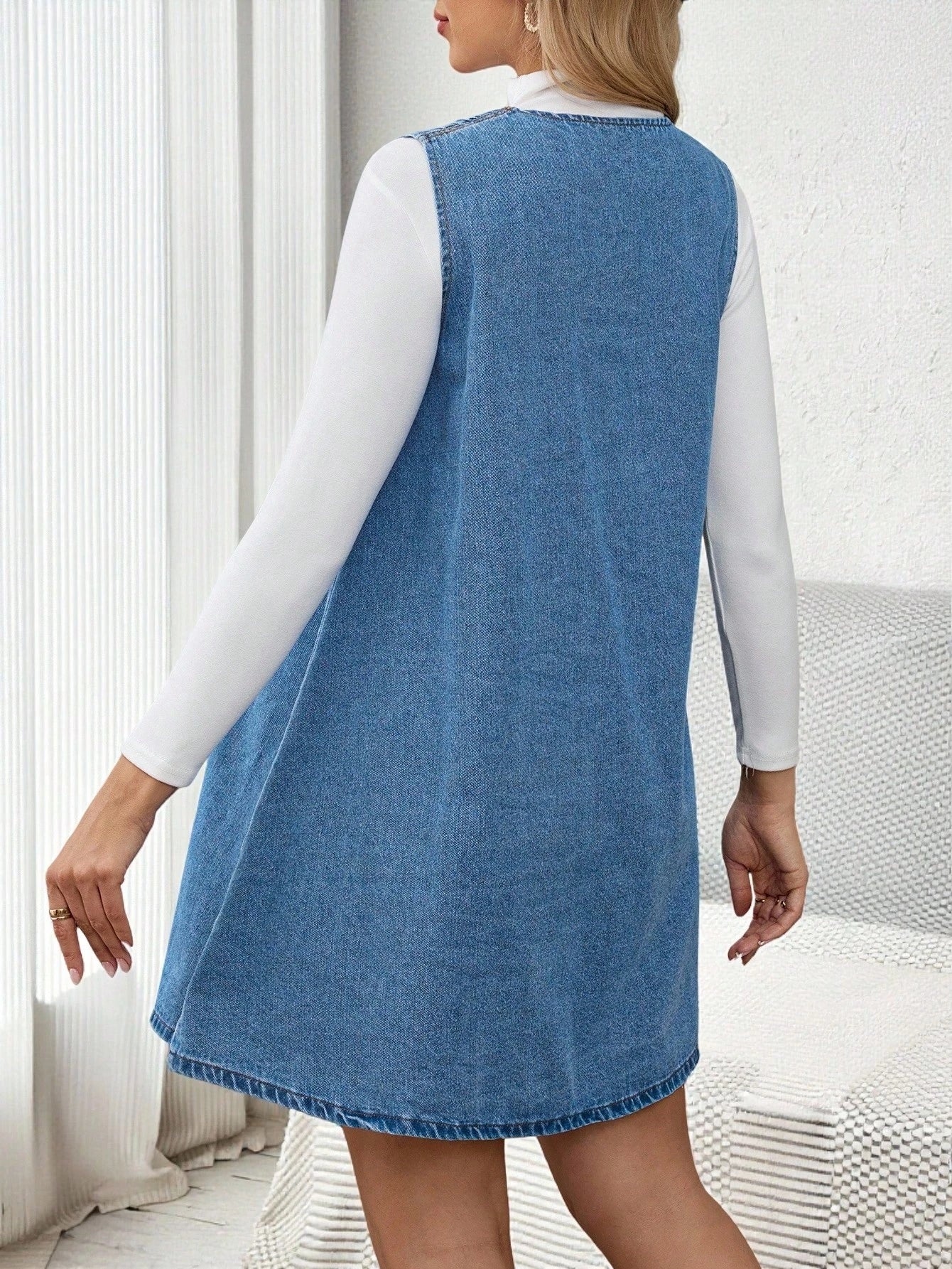 Maternity Casual Dusty Blue Denim Dress,Autumn Sleeveless V-Neck Front Tie Pleated A-Line Mini Dress For Baby Shower,Work,Party & Everyday Wear Fall