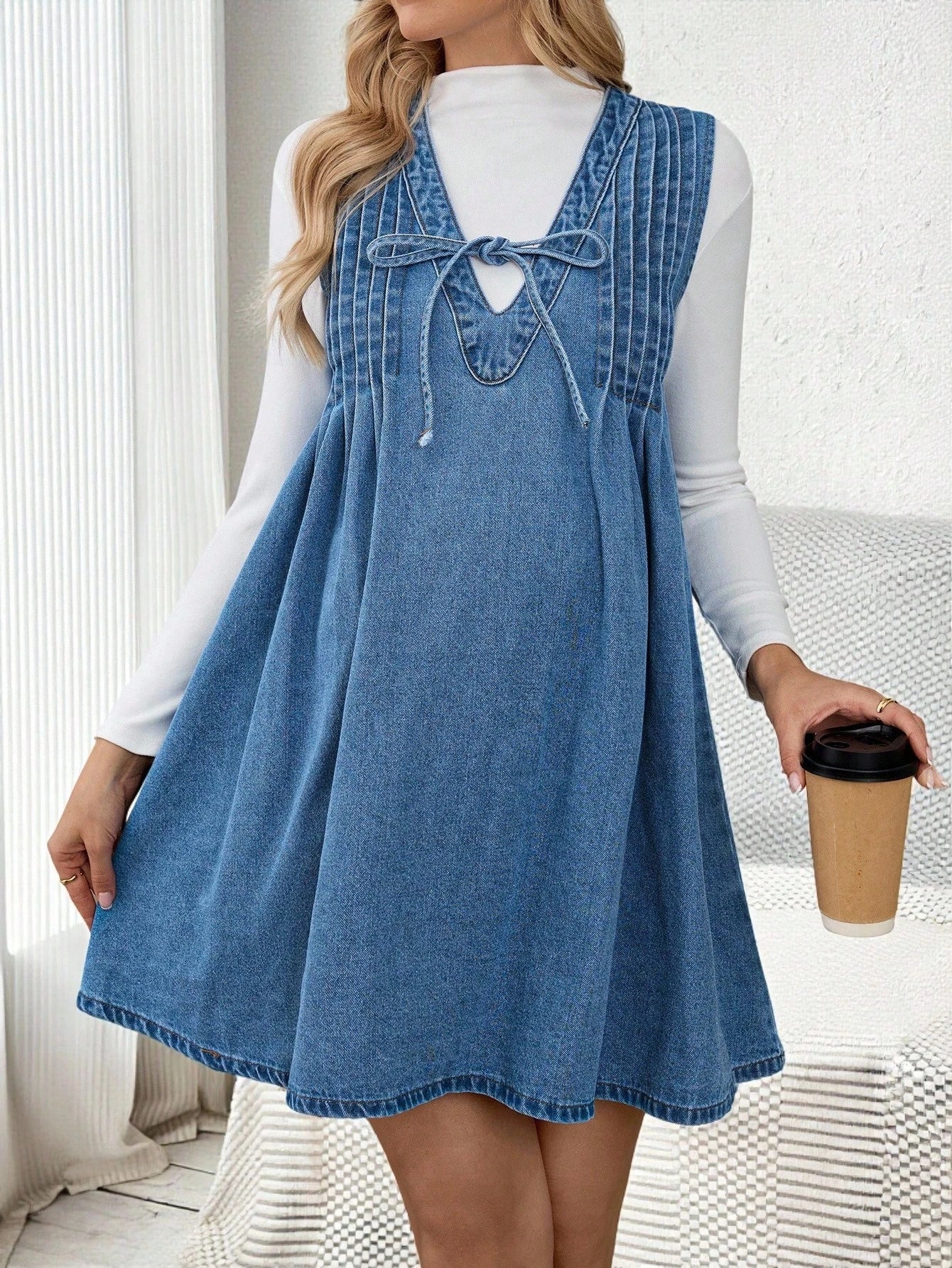 Maternity Casual Dusty Blue Denim Dress,Autumn Sleeveless V-Neck Front Tie Pleated A-Line Mini Dress For Baby Shower,Work,Party & Everyday Wear Fall
