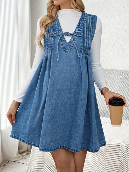 Maternity Casual Dusty Blue Denim Dress,Autumn Sleeveless V-Neck Front Tie Pleated A-Line Mini Dress For Baby Shower,Work,Party & Everyday Wear Fall