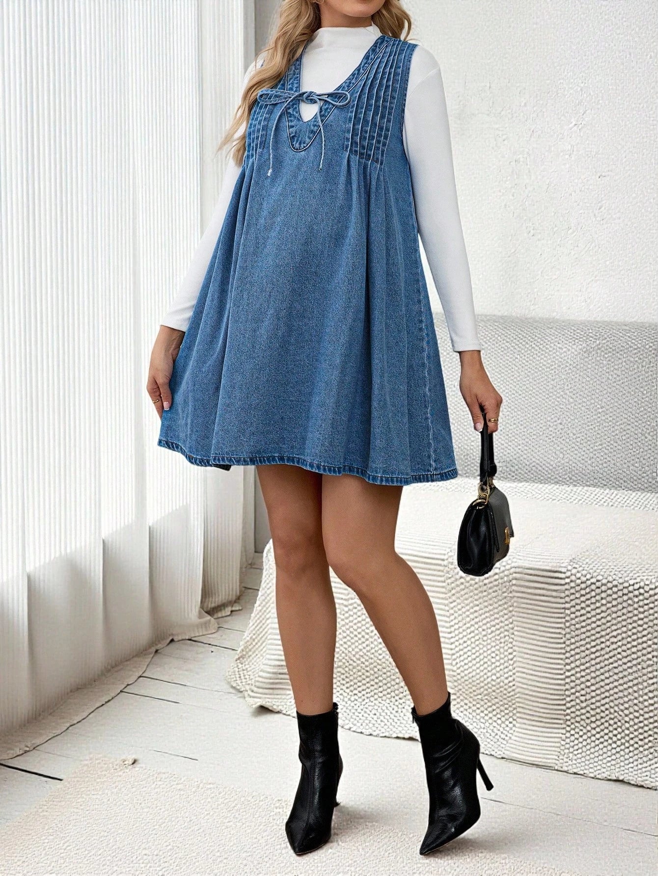 Maternity Casual Dusty Blue Denim Dress,Autumn Sleeveless V-Neck Front Tie Pleated A-Line Mini Dress For Baby Shower,Work,Party & Everyday Wear Fall