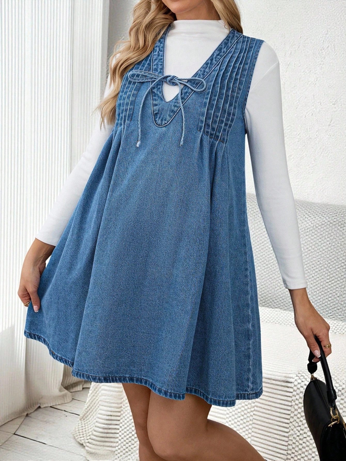 Maternity Casual Dusty Blue Denim Dress,Autumn Sleeveless V-Neck Front Tie Pleated A-Line Mini Dress For Baby Shower,Work,Party & Everyday Wear Fall