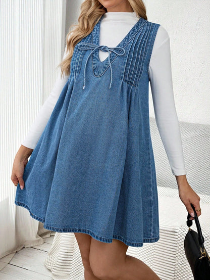 Maternity Casual Dusty Blue Denim Dress,Autumn Sleeveless V-Neck Front Tie Pleated A-Line Mini Dress For Baby Shower,Work,Party & Everyday Wear Fall