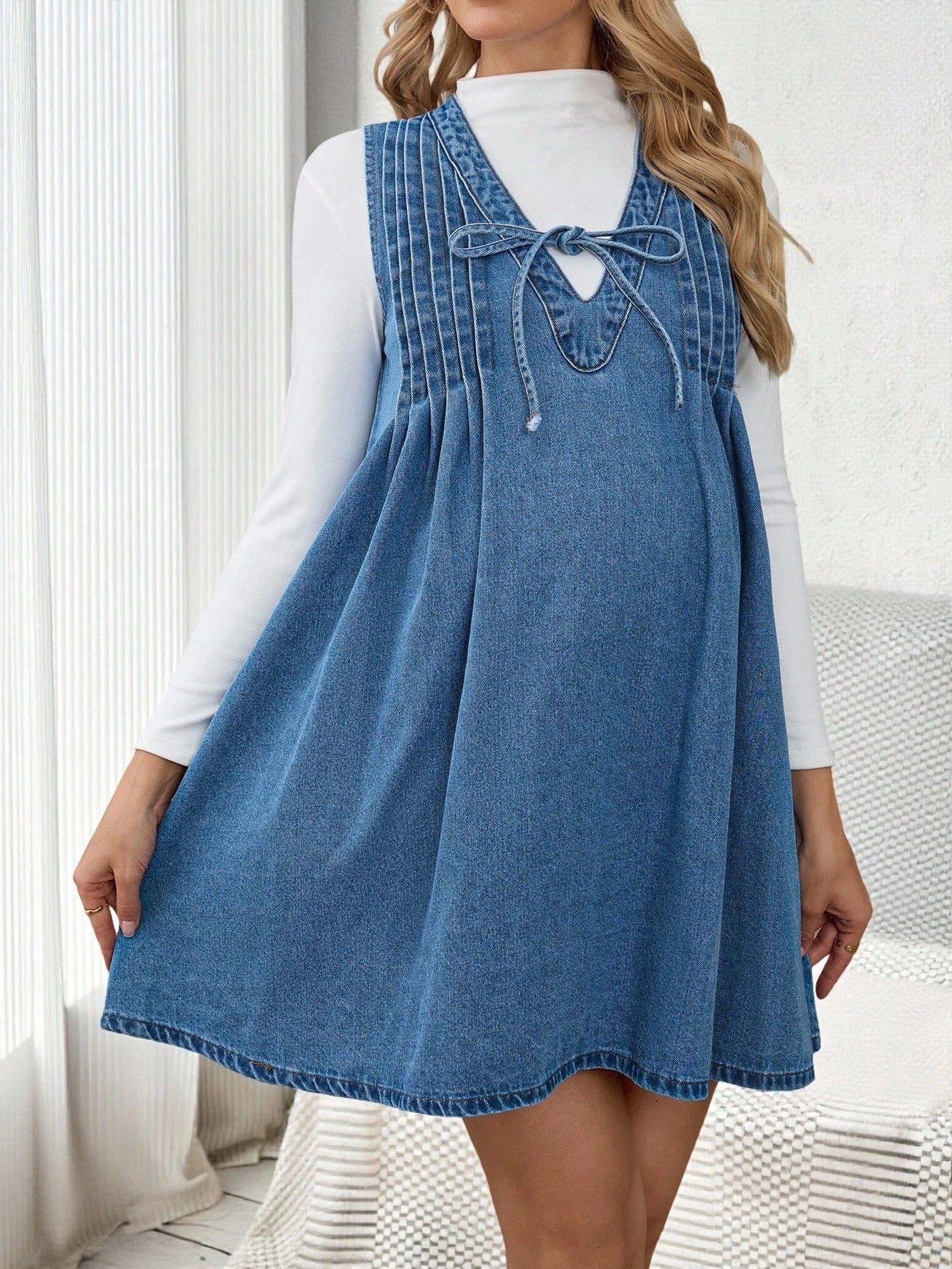 Maternity Casual Dusty Blue Denim Dress,Autumn Sleeveless V-Neck Front Tie Pleated A-Line Mini Dress For Baby Shower,Work,Party & Everyday Wear Fall