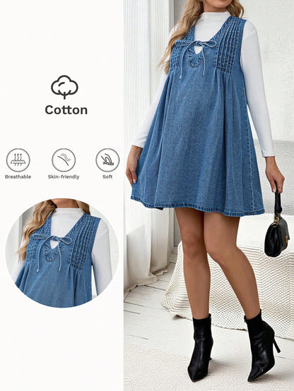 Maternity Casual Dusty Blue Denim Dress,Autumn Sleeveless V-Neck Front Tie Pleated A-Line Mini Dress For Baby Shower,Work,Party & Everyday Wear Fall