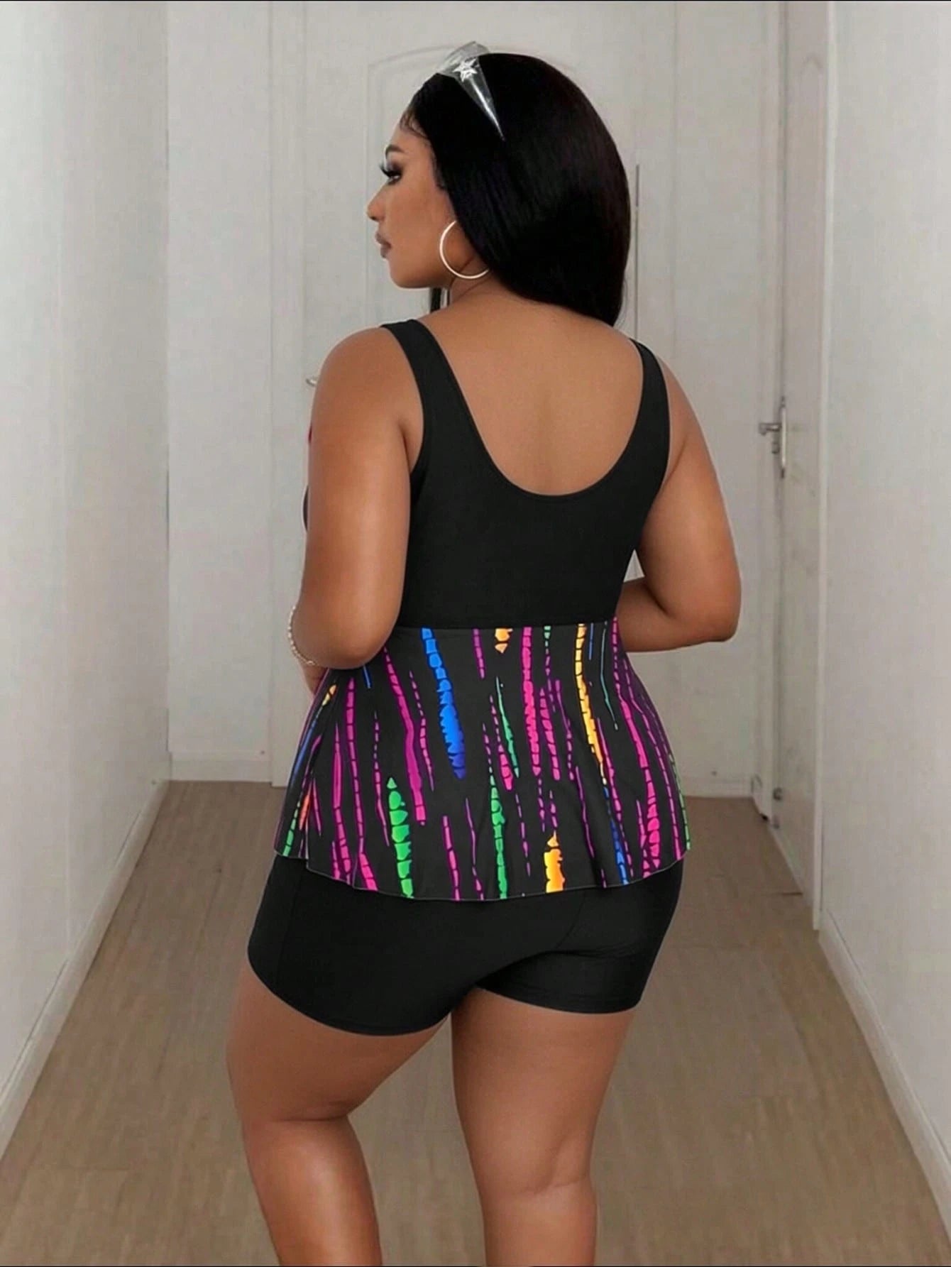 Maweii Plus Size Allover Print Tankini Set- Top And Black Shorts Summer Bikinis Summer 2026 Christmas Clothes New Year Clothes Party Clothes Beach Outfit For Women Casual Clothes