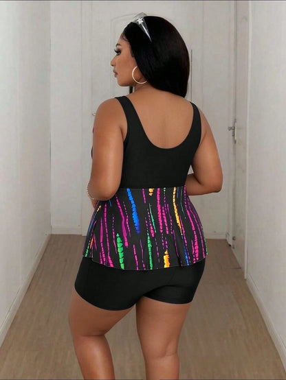Maweii Plus Size Allover Print Tankini Set- Top And Black Shorts Summer Bikinis Summer 2026 Christmas Clothes New Year Clothes Party Clothes Beach Outfit For Women Casual Clothes