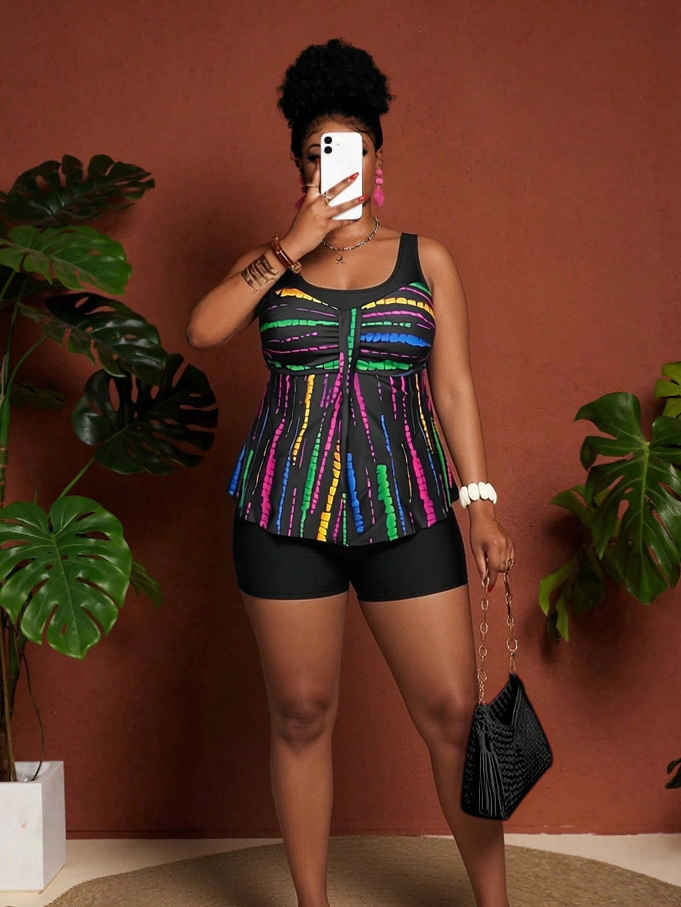 Maweii Plus Size Allover Print Tankini Set- Top And Black Shorts Summer Bikinis Summer 2026 Christmas Clothes New Year Clothes Party Clothes Beach Outfit For Women Casual Clothes